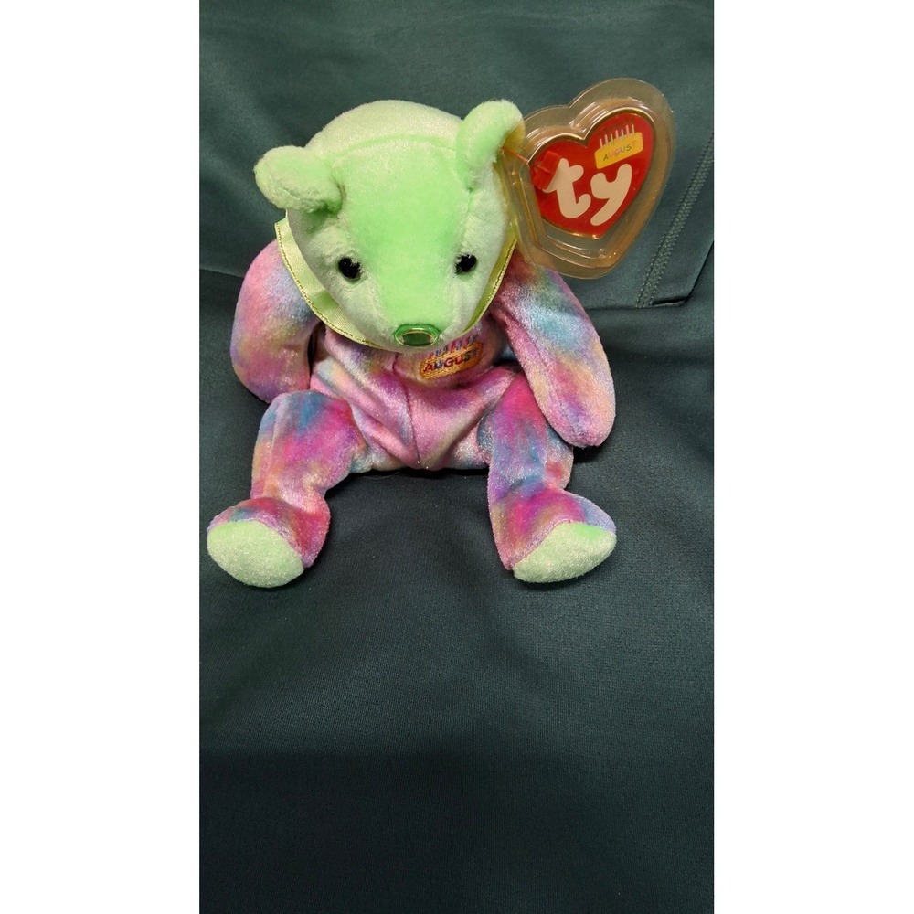 Ty Beanie Baby August Birthday Bear Tie Dye Peridot Nose Plush with Tags(B 8)